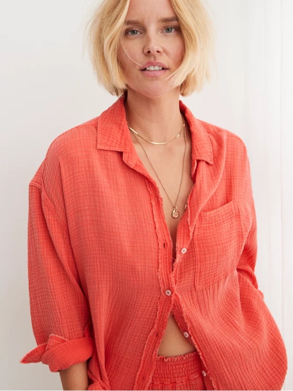aerie Gauze Button-Down Shirt in Coral Red